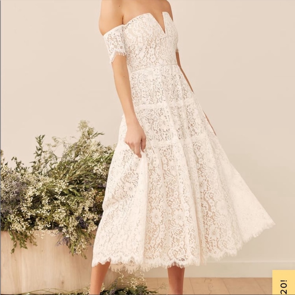 LULU’S | White Lace Off the shoulder MIDI Dress | Bridal Shower Dress
